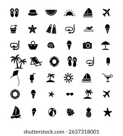 A Collection of Summer and Beach Vacation Silhouette Icons in Solid Black and Flat Style