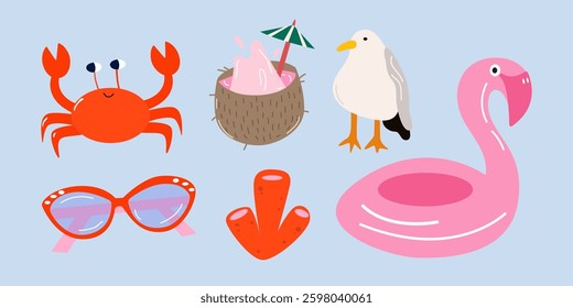 Collection of summer beach vector cartoon elements. Summer vacation and holidays. Sunglasses, inflatable ring, crab, coconut