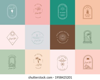 Collection of Summer Boho linear logos, symbols, icons design template. Editable vector logotype.