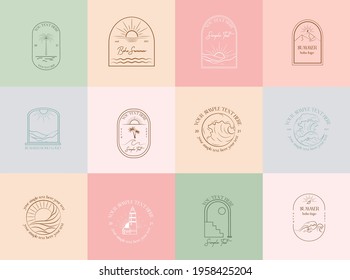 Collection of Summer Boho linear logos, symbols, icons design template. Editable vector logotype.