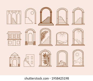 Collection of Summer Boho linear symbols, icons design. Arch, column, stairs, with landscape. Editable Vector Illustration.