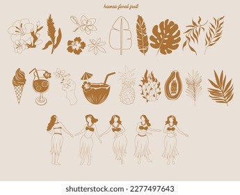 Collection of Summer Boho linear symbols, icons design. Tropical leaf, palm tree, fruits, hawaiian girls. Editable Vector Illustration.