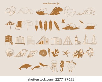 Collection of Summer Boho linear symbols, icons design. Sea waves, cabin, sea animals, surf, sailling boat. Editable Vector Illustration.