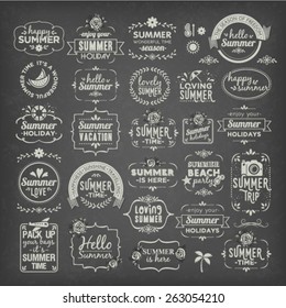 Collection Of Summer Calligraphic And Typographic Vintage Design Elements (White Word Art On Blackboard)