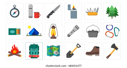Collection of summer camping, outdoor icons. Isolated vector illustration. Suitable for print, banners and presentation