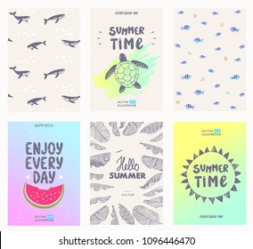 Collection of summer cards, flyer or poster templates and wallpaper. Vector illustration