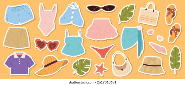 Collection of summer clothes stickers in bright soft tones. Dresses, swimsuits, sunglasses, hats, and skirts. Flat style, no outline. Perfect for planners, blogs, and digital products.
