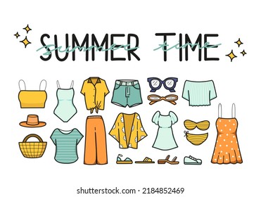 A collection of summer clothes. This collection consist of tops, outer, pants, footwears, and some accessories.
