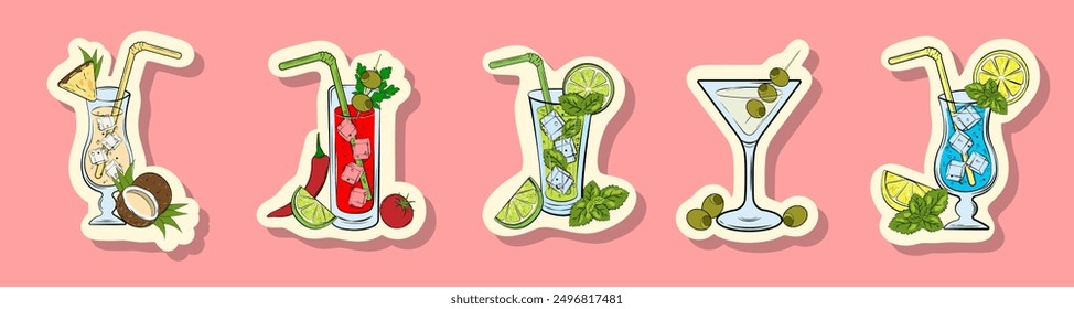 Collection of Summer Cocktail Stickers in hand drawn style. Bright set of alcoholic drinks for patch, web, social media, posters, banners, cards. Vector Illustration of mojito, pina colada.