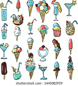 Collection of summer cold dessert ink doodles. Ice cream and cocktail. Vector stock set. Cute icons. Can be used for printed materials. Food holiday background. Hand drawn design elements. 