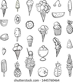 Collection of summer cold dessert ink doodles. Ice cream and fruits. Vector stock set. Cute icons. Can be used for printed materials. Food holiday background. Hand drawn design elements. 