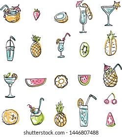 Collection of summer cold dessert ink doodles. Fresh cocktails and fruits. Vector stock set. Cute icons. Can be used for printed materials. Food holiday background. Hand drawn design elements. 