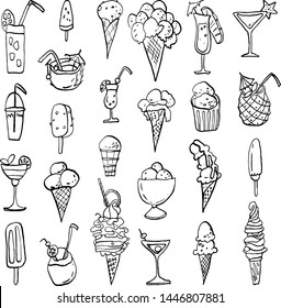 Collection of summer cold dessert ink doodles. Ice cream and cocktail. Vector stock set. Cute icons. Can be used for printed materials. Food holiday background. Hand drawn design elements. 