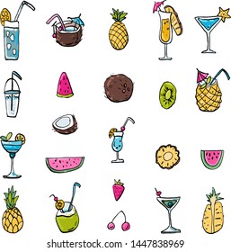 Collection of summer cold dessert ink doodles. Fresh cocktails and fruits. Vector stock set. Cute icons. Can be used for printed materials. Food holiday background. Hand drawn design elements. 