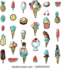 Collection of summer cold dessert ink doodles. Cool ice creams and fruits. Vector stock set. Cute icons. Can be used for printed materials. Food holiday background. Hand drawn design elements. 