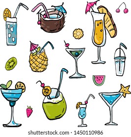 Collection of summer cold dessert ink doodles. Fresh cocktails and fruits. Vector stock set. Cute icons. Can be used for printed materials. Food holiday background. Hand drawn design elements. 