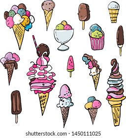 Collection of summer cold dessert ink doodles. Cool ice creams and fruits. Vector stock set. Cute icons. Can be used for printed materials. Food holiday background. Hand drawn design elements. 