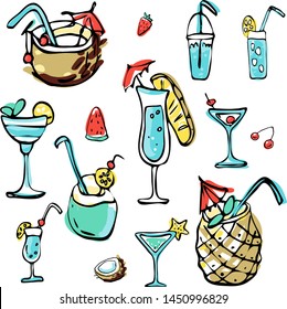 Collection of summer cold dessert ink doodles. Fresh cocktails and fruits. Vector stock set. Cute icons. Can be used for printed materials. Food holiday background. Hand drawn design elements. 