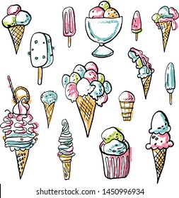 Collection of summer cold dessert ink doodles. Cool ice creams and fruits. Vector stock set. Cute icons. Can be used for printed materials. Food holiday background. Hand drawn design elements. 