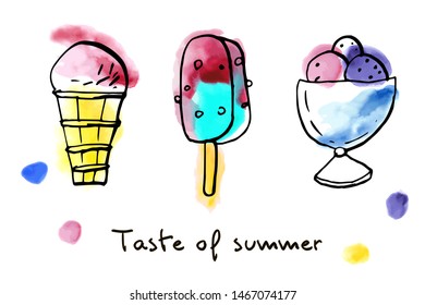 Collection of summer cold dessert ink doodle ice creams with watercolor texture. Vector stock set. Cute icons. Can be used for printed materials. Food holiday background. Hand drawn festive card. 