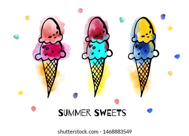 Collection of summer cold dessert ink doodle ice creams with watercolor texture. Vector stock set. Cute icons. Can be used for printed materials. Food holiday background. Hand drawn festive card. 