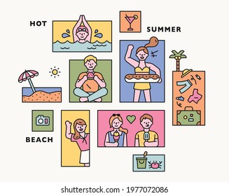 Collection of summer collage illustrations. flat design vector minimal style.