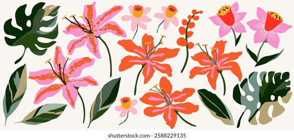 Collection of summer colorful flower elements vector. Set of tropical florals, foliage on white background. Hand drawn orchid illustration for decor, poster, sticker, clipart, print and pattern.