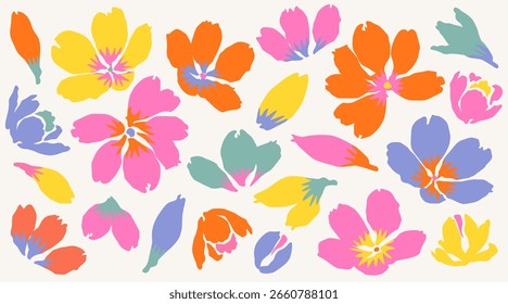 Coleção de elementos coloridos da flor do verão vetor. Conjunto de flores bonitas no fundo branco. Vetor floral tropical desenhado à mão para decoração, cartaz, adesivo, clipart, impressão e padrão.