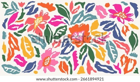 Collection of summer colorful flower elements vector. Set of cute flowers on white background. Hand drawn tropical floral vector for decor, poster, sticker, card, packaging, print and pattern.