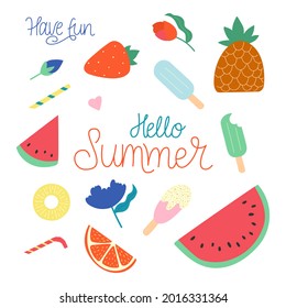 Collection of summer decorations - lettering Hello Summer, watermelon, ice-cream, pineapple, tubes, strawberry, orange slice, flowers. Summer decorations isolated on white background.	