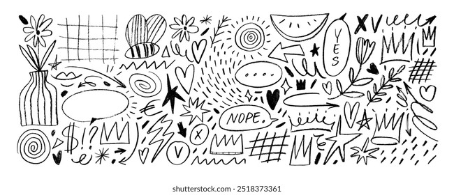 Collection of summer doodles drawn with a crayon. Hand drawn childish doodle elements. Star, heart, arrows, crown, speech bubbles and summer motif pencil icons. Vector kid's style illustration.