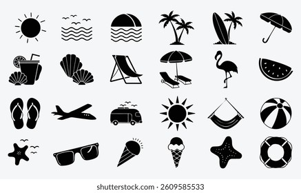 collection of summer elements – beach and travel silhouette art	v