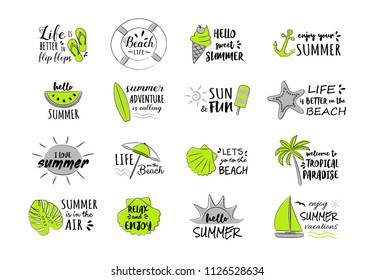 Collection of summer elements with funny text. Vector.
