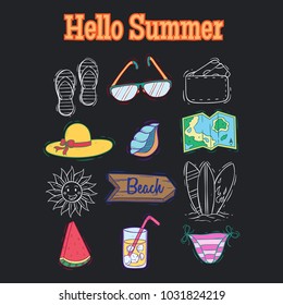 collection of summer elements with hello summer text and doodle style on black background