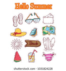 collection of summer elements with hello summer text and doodle style 