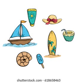 collection of summer elements or icons using doodle art