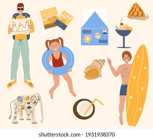 Collection of summer elements, sefer, child girl with a rubber ring, traveler, seashell, elephant, coconut. A set of colored seasonal items with people. Vector illustration in flat style
