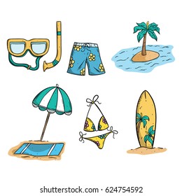 collection of summer elements with surf board, beach and bikini using doodle art