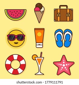 Collection of summer elements, watermelon, sunglasses, ice cream, travel bag, sun, sandals, fish star, lotion and  swim ring.