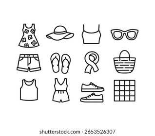 A collection of summer essentials depicted in a minimal style. Ideal for travel, fashion, and vacation planning. Black outlines on a white background.