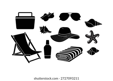 Eine Kollektion von Sommeressentials inklusive Strandbekleidung und Zubehör in Silhouettenform
