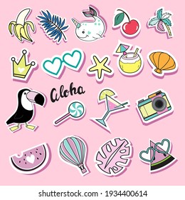 Collection of summer fashion badges whale, toucan, watermelon, palm tree, camera, coconut cocktail. Vector illustration