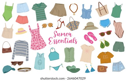 Collection of Summer Fashion. Trendy Woman Clothes Illustration. Vector Accessories.