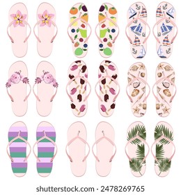 Collection of summer flip-flops with different prints, isolated on a white background.Vector illustration of beach shoes.