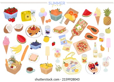 Colección de elementos de la comida de verano. Comida de temporada, ícono de picnic. Ilustración vectorial editable