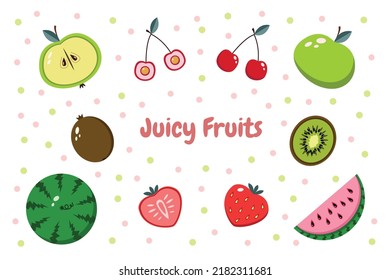 Collection of summer fruit clip art bundle with cherry, green apple, kiwi, strawberry, watermelon