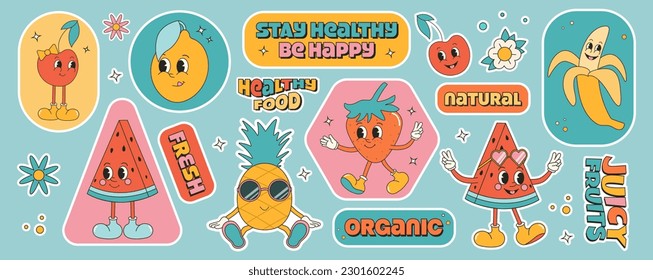 Collection of summer fruit stickers in groovy retro style. Set of healthy natural food stickers, product labels and tags. Mascot characters.