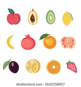  Collection of summer fruits, Colorful fruits and berries: set of Appl,Papaya,kiwi,lemon,banana,pomegranate,orange,red lemon,pulm,strawberry vector illustration isolated on white background