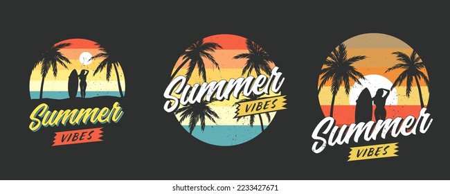 Collection of Summer graphics for apparel. Retro 80's designs for tshirts. Vintage labels with miami vibes. Summer mood tropical vector silhouettes.