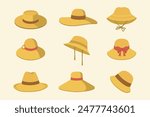 Collection of summer hats, including straw hats and beach hats. These hats have different models.